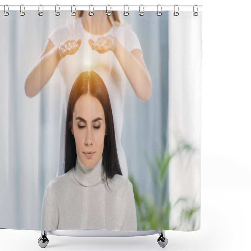 Personality  Peaceful Young Woman With Closed Eyes Receiving Reiki Healing Therapy Above Head  Shower Curtains