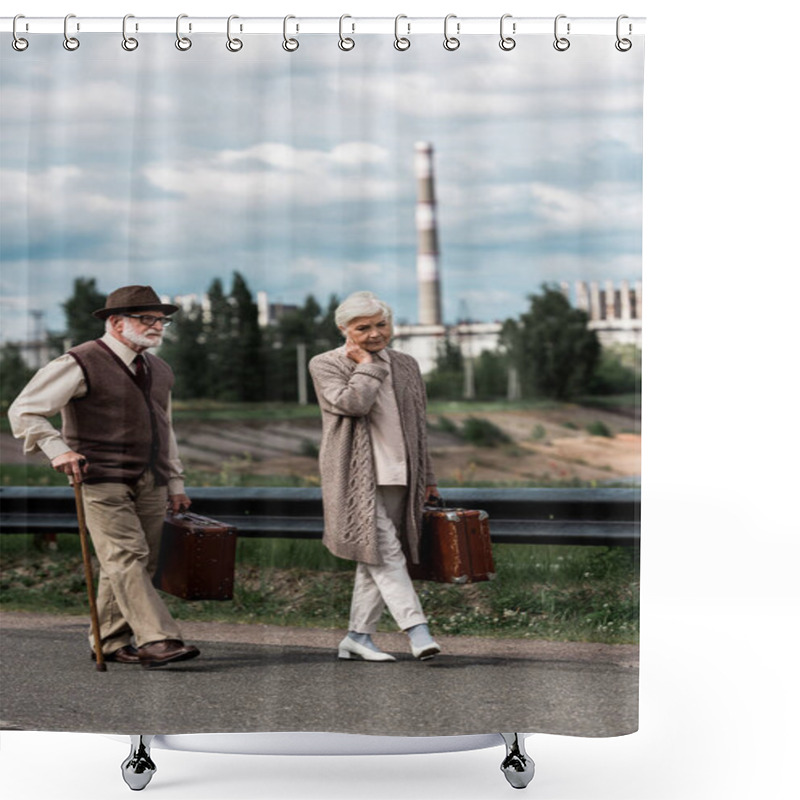 Personality  PRIPYAT, UKRAINE - AUGUST 15, 2019: Senior Man And Woman Walking With Luggage Near Chernobyl Nuclear Power Plant  Shower Curtains