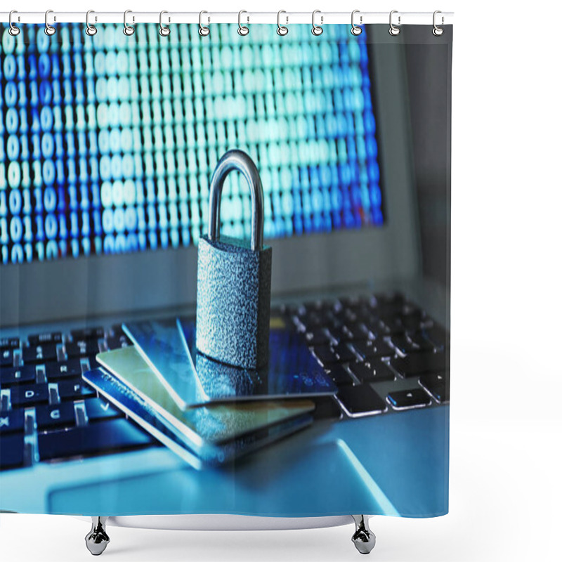 Personality  Credit Cards And Lock On Laptop Keyboard, Closeup Shower Curtains