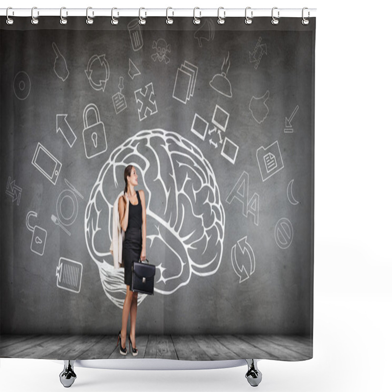 Personality  Woman Stands Beside Big Drawn Brain Shower Curtains