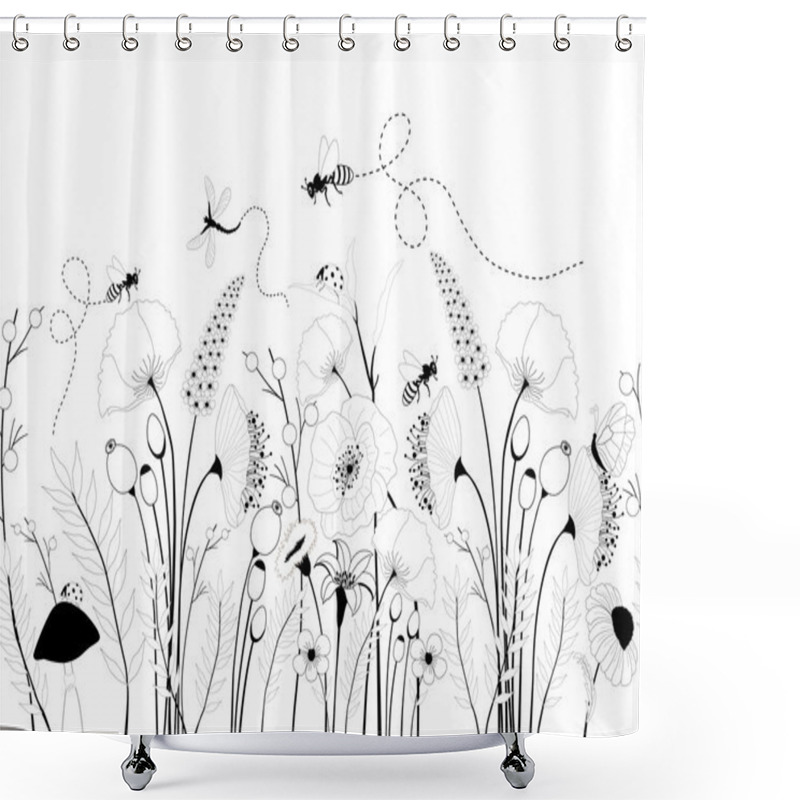 Personality  Seamless Pattern With Spring Flowers And Insects Shower Curtains