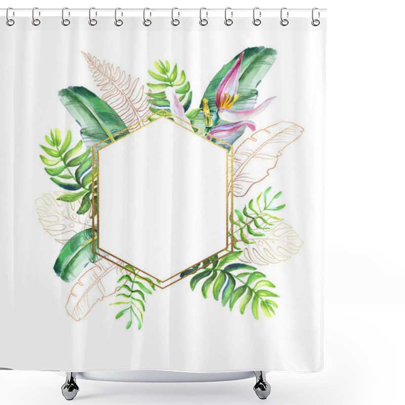 Personality  Set Of Card With Tropical Leaves And Flowers. Floral Greeting Card. Template For Invitations, Wedding And Any Design . Outline Floral. Gold Leaves Shower Curtains