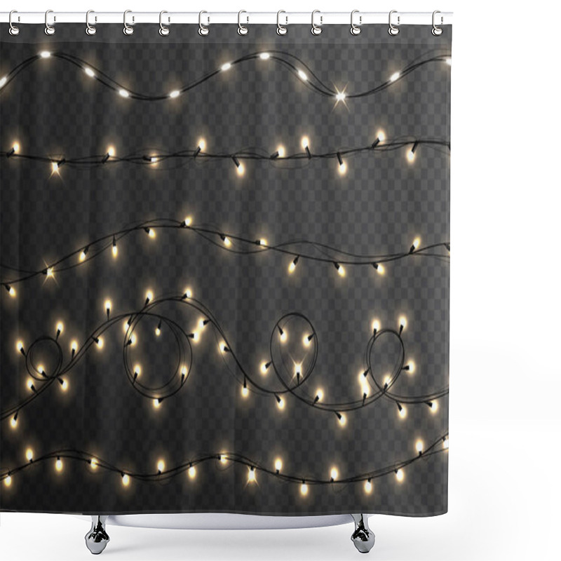 Personality  Christmas Lights Isolated Realistic Design Elements. Christmas Garland. Glowing Yellow Light Bulbs With Sparkles. Xmas, New Year, Wedding Or Birthday Decor. Shower Curtains