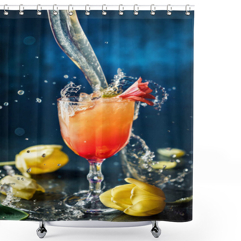 Personality  Fresh Tropical Cocktail With Ice And Flowers In Wineglass On Dark Blue Background. Studio Shot Of Drink In Freeze Motion, Drops In Liquid Splash, Pineapple Juice Jet. Summer Cold Drink And Cocktail Shower Curtains