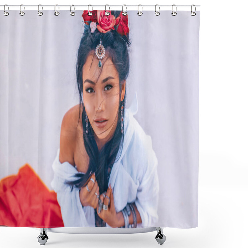 Personality  Beautiful Young Stylish Woman On The Beach At Sunset Shower Curtains