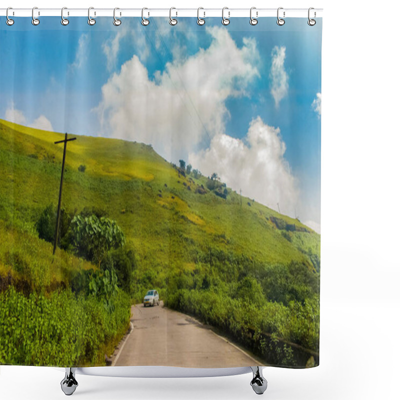 Personality  Car Moving On The Curvy Winding Road At The Top Of Hill. Shower Curtains