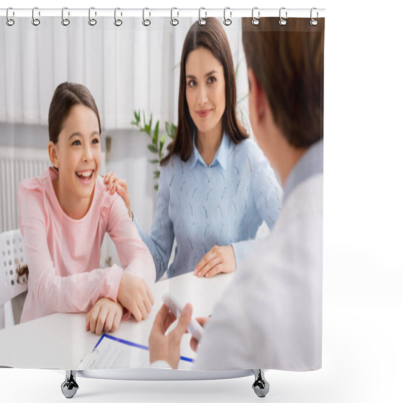 Personality  Back View Of Ent Physician Near Smiling Daughter And Mother Shower Curtains