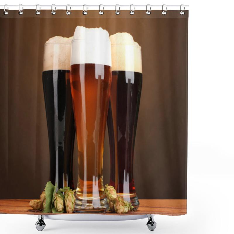 Personality  Three Glasses With Different Beers And Hop On Wooden Table On Brown Background Shower Curtains