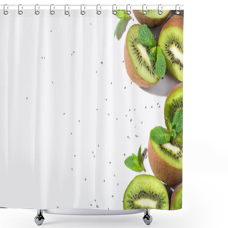 Personality  Top View Of Ripe Kiwi Fruit Halves Near Peppermint And Black Seeds On White  Shower Curtains