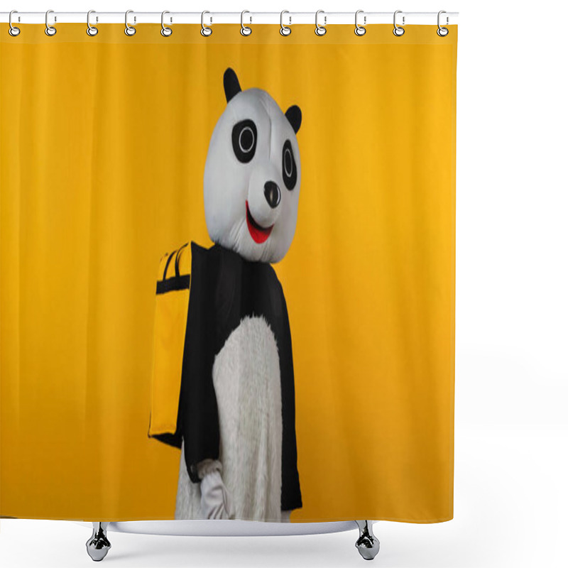 Personality  Person In Panda Bear Costume With Backpack Isolated On Yellow  Shower Curtains