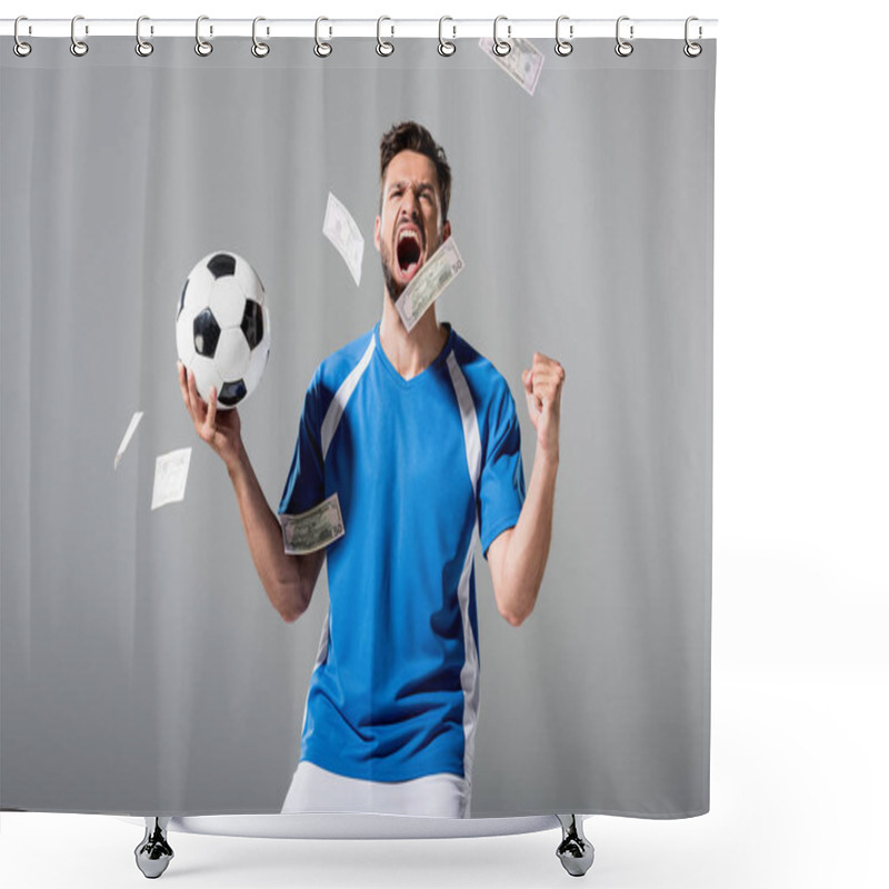 Personality  Soccer Player With Ball Cheering With Clenched Hand Near Falling Money On Grey Shower Curtains