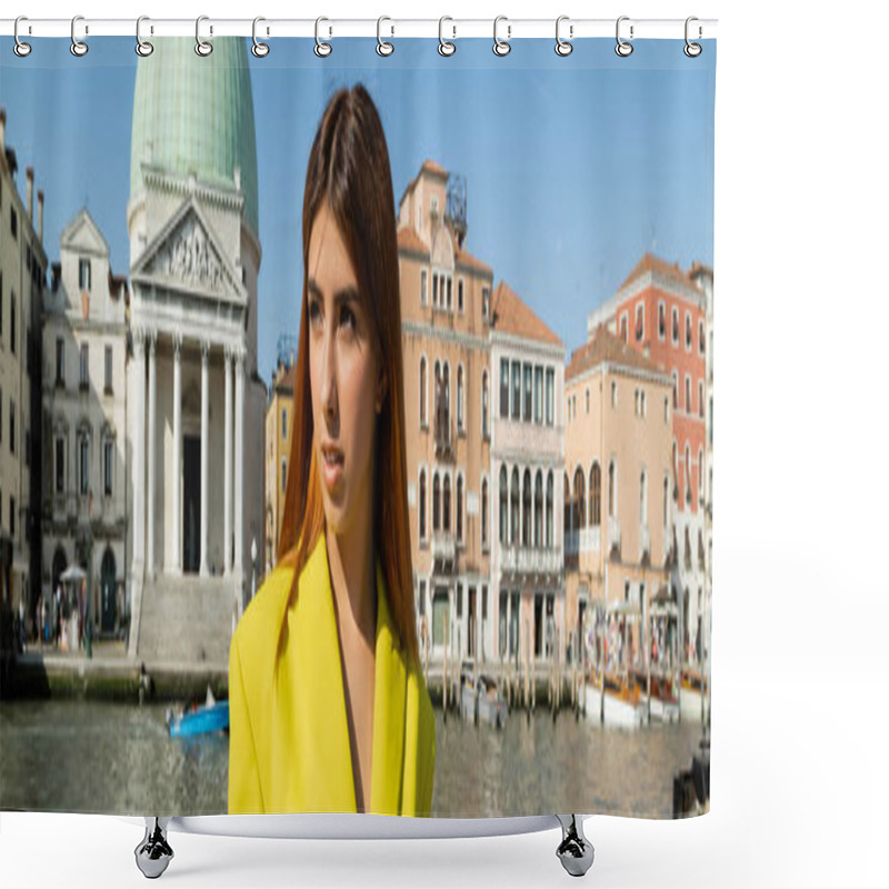 Personality  Redhead Woman In Yellow Clothes Looking Away Near Venetian Cityscape On Background, Banner Shower Curtains