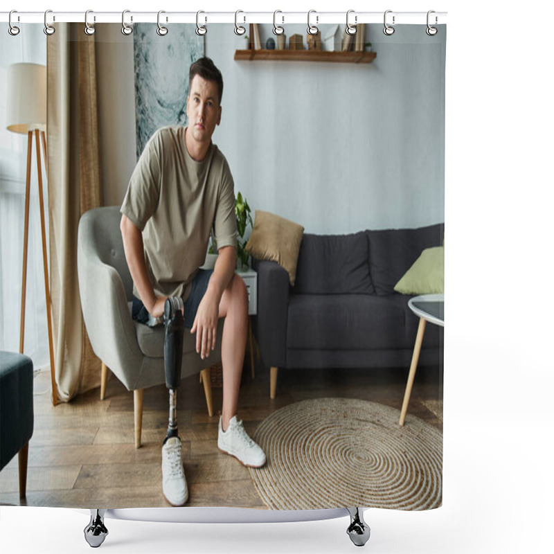 Personality  Handsome Young Man Sits Casually In Living Room, Showcasing His Prosthetic Leg And Relaxed Style. Shower Curtains