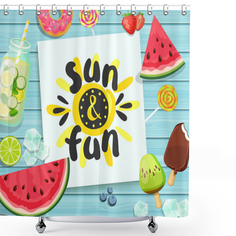 Personality  Sun And Fun Card On Blue Wooden Texture Shower Curtains