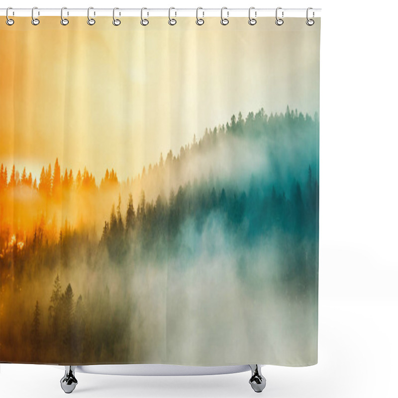 Personality  Sunrise In Forested Mountain Slope With Low Lying Cloud Shower Curtains