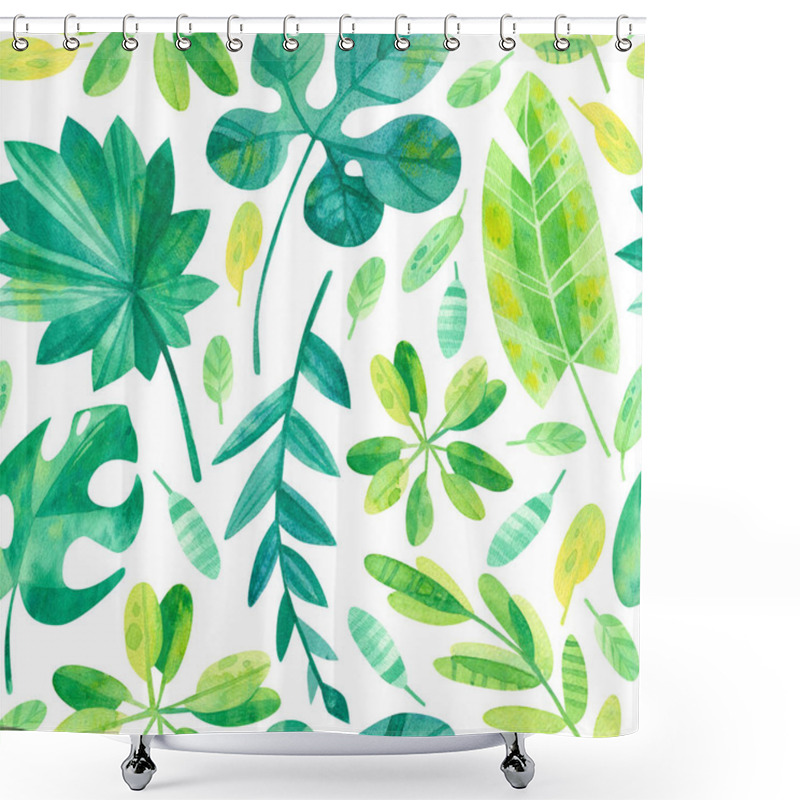 Personality  Mix Of Exotic Jungle Leaves, Monstera Leaves, Banana Leaves, Foliage, Plants  Flora.  Summer Season Mood Seamless Pattern. Tropical Exotic Greens Watercolor Illustration. Wallpaper, Wrapping Paper Design, Textile, Scrapbooking, Digital Paper Shower Curtains