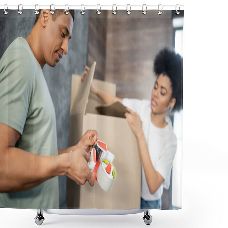 Personality  African American Man Holding Adhesive Tape Near Blurred Girlfriend With Boxes During Moving Shower Curtains