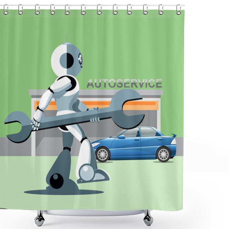 Personality  Silver Humanoid Robot Presenting Info Graphics With Tools And Cars At Auto Service. Digital Background Vector Illustration. Shower Curtains