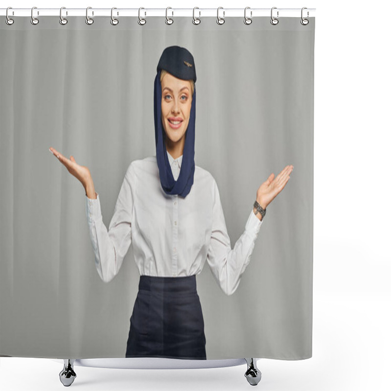 Personality  Joyful Arabian Airlines Stewardess In Headscarf And Uniform Standing With Open Arms On Grey Shower Curtains