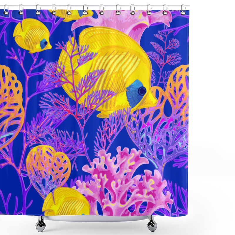 Personality  Seamless Vector Pattern With Fish And Corals. Shower Curtains