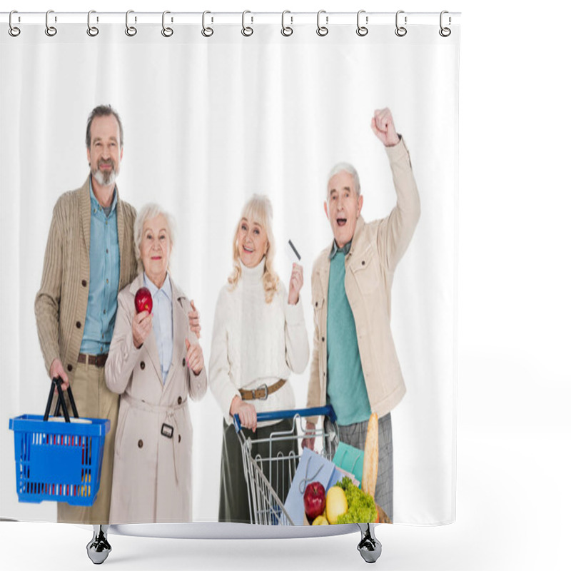 Personality  Cheerful Senior People Standing Near Retired Woman With Credit Card Isolated On White Shower Curtains