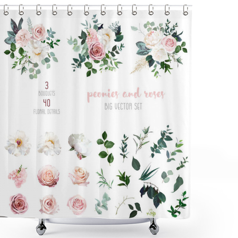 Personality  White Peonies, Blush And Dusty Pink Roses, Blooming Freesia, Eucalyptus, Salal, Pampas Grass Shower Curtains