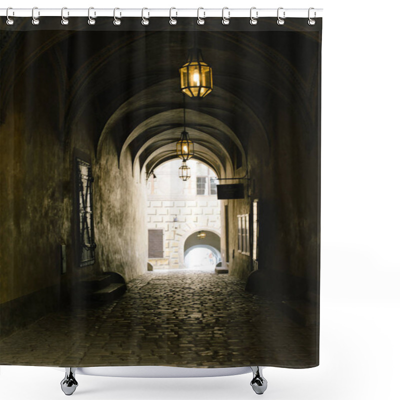 Personality  Narrow Dark Street Illuminated By Street Lamps. Stone Pavement In The Old Town Cesky Krumlov, Czech Republic Shower Curtains