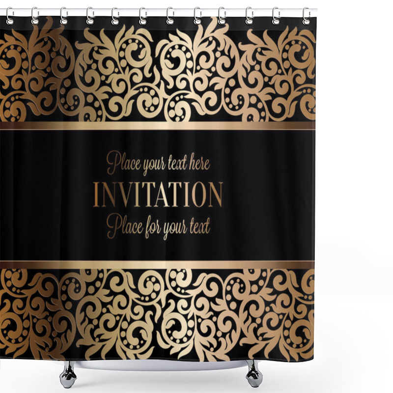 Personality  Antique Baroque Luxury Wedding Invitation, Gold On Black Background With Frame And Place For Text, Lacy Foliage With Shiny Gradient Shower Curtains