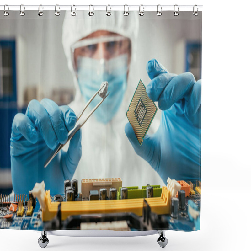 Personality  Selective Focus Of Engineer Holding Small Stone With Tweezers And Microchip Near Computer Motherboard Shower Curtains