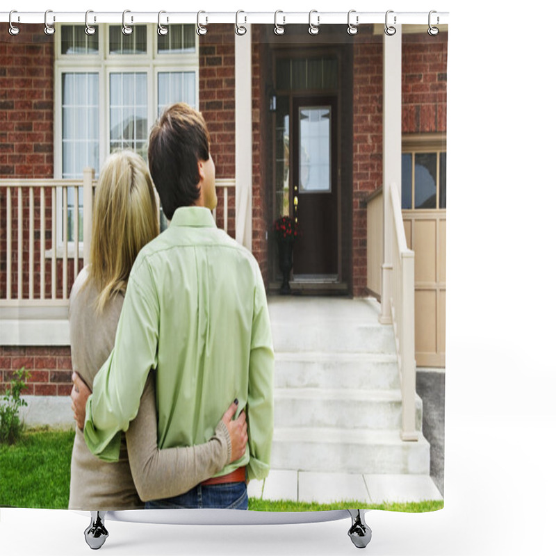 Personality  Young Happy Couple Shopping For New Home Shower Curtains