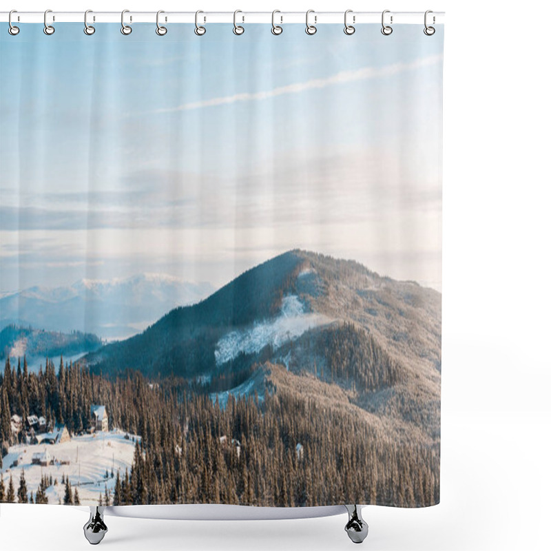 Personality  Scenic View Of Small Village In Snowy Mountains With Pine Trees At Sunlight Shower Curtains