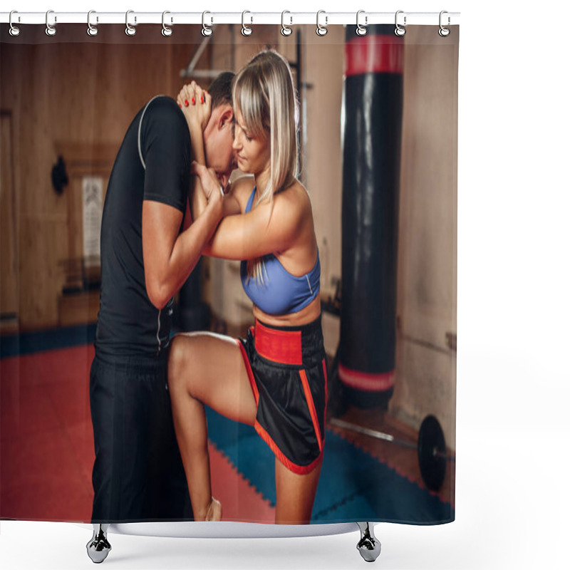 Personality  Female Person On Self Defense Workout With Male Personal Trainer, Gym Interior On Background. Woman Practicing A Knee Kick To The Stomach On Training, Self-defense Practice Shower Curtains