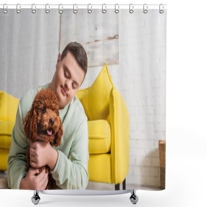 Personality  Teen Boy With Down Syndrome Hugging Brown Poodle At Home  Shower Curtains