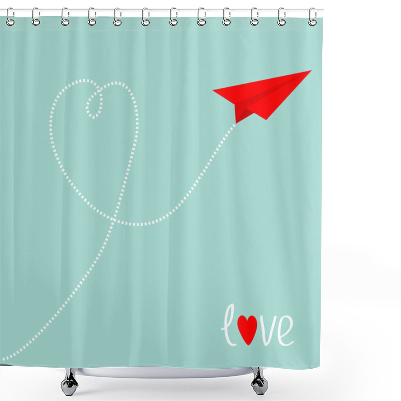 Personality  Red Origami Paper Plane. Dash Line Heart In The Blue Sky. Love Card. Heart Symbol. Happy Valentines Day. Cute Background. Isolated. Vector Illustration Shower Curtains