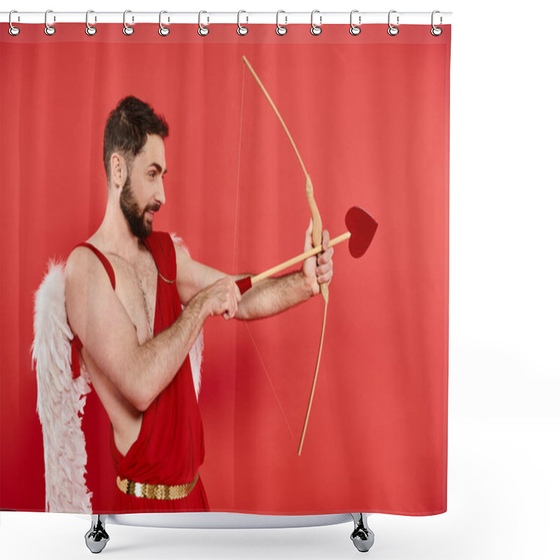 Personality  Side View Of Bearded Man In Cupid Costume Aiming And Archering With Hear-shaped Arrow On Red Shower Curtains