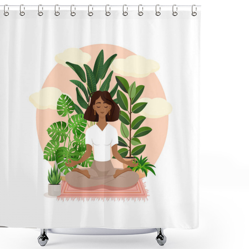 Personality  Beautiful African American Brunette Girl In A Lotus Pose Surrounded By Plants. Vector Illustration Of A Meditating Woman At Home. Harmony And Balance. Crossed Legs. Girl In The Interior Shower Curtains