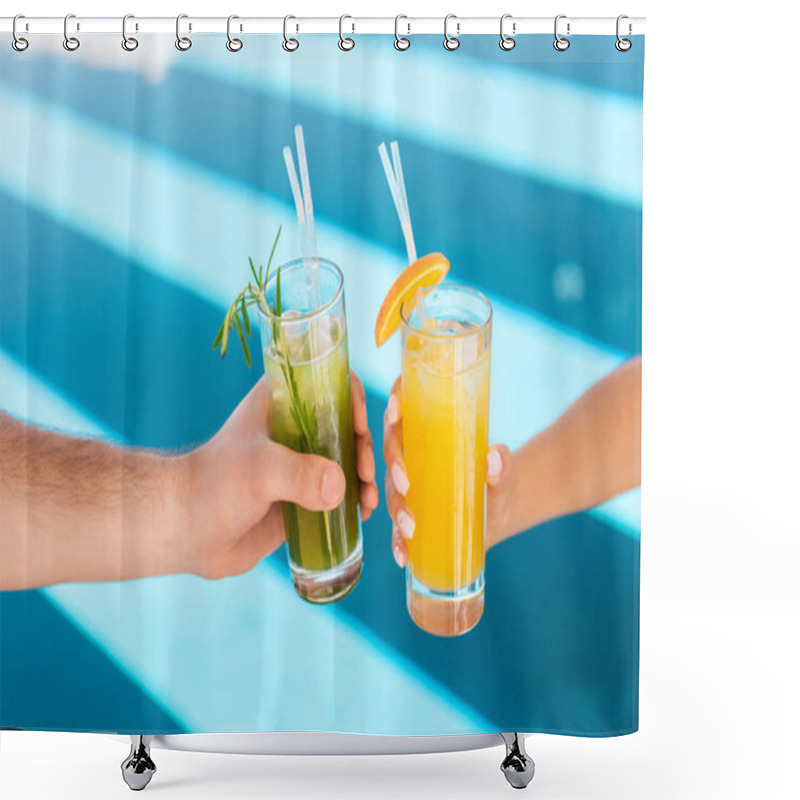 Personality  Cropped View Of Couple Holding Glasses With Fresh Lemonades At Swimming Pool Shower Curtains