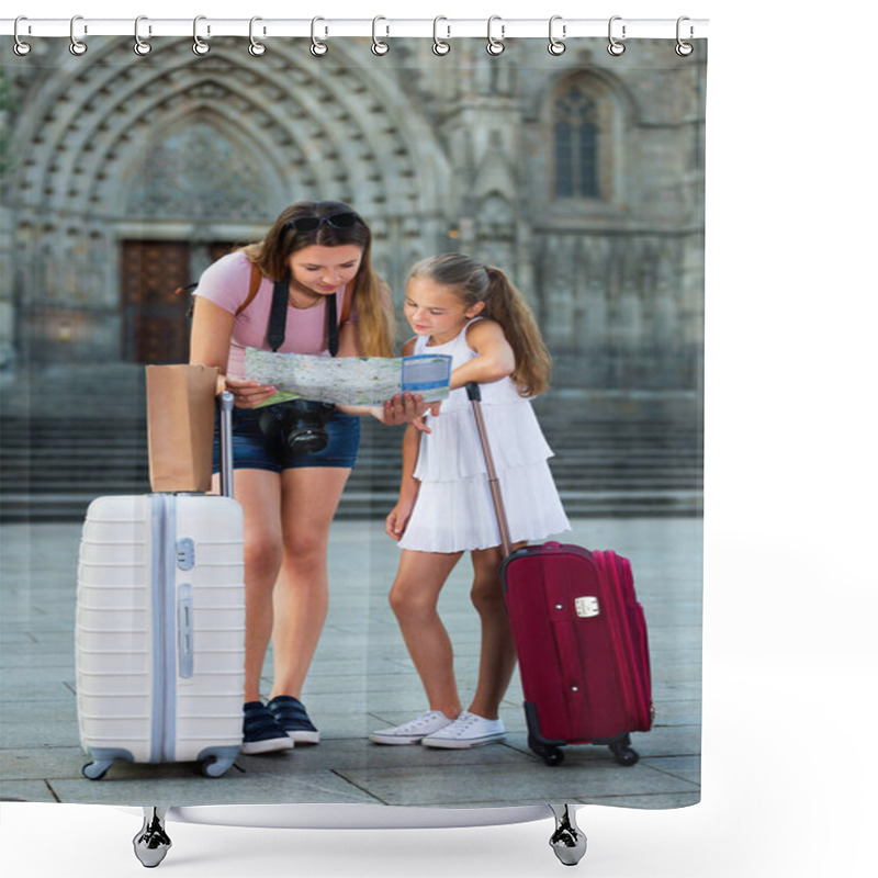 Personality  Mother With Little Girl Travelling Together Searching Location On Paper Map Shower Curtains