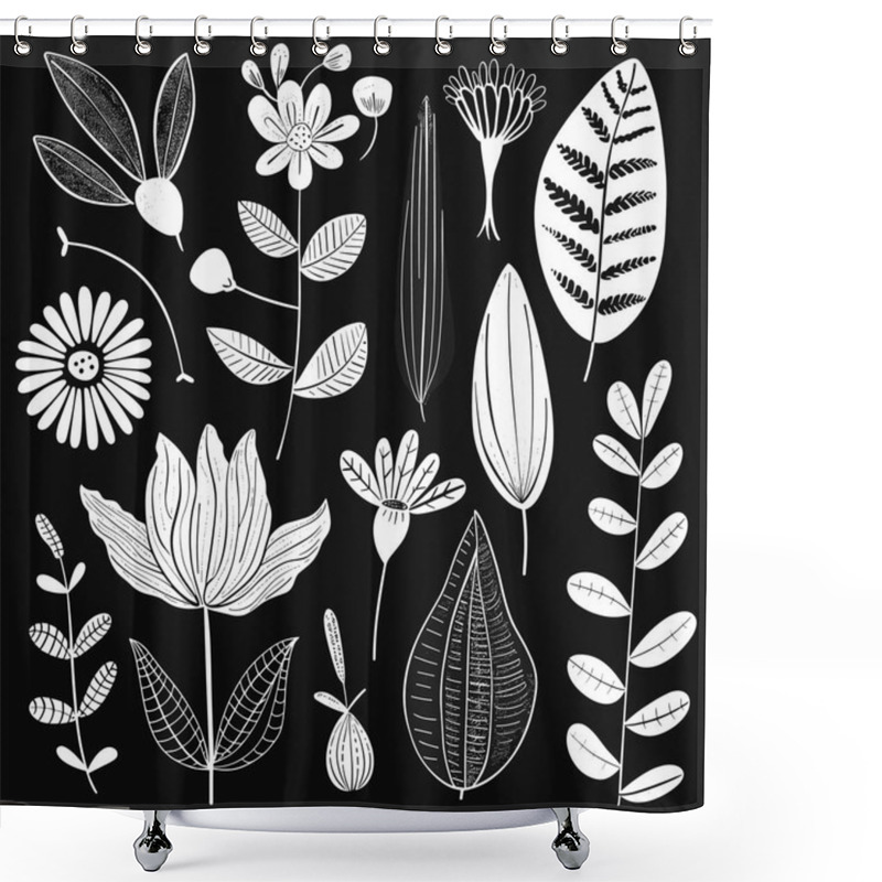 Personality  Black White Botanical Drawing Featuring Various Stylized Flowers Leaves. Handdrawn Plants Include Tulips, Daisies, Assorted Foliage Artistic Depiction. Monochrome Floral Pattern Suitable Print Shower Curtains