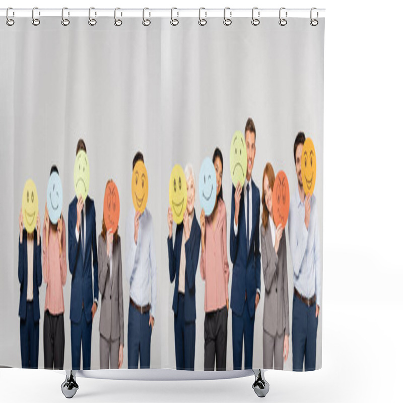 Personality  Collage Of Multicultural Businesspeople Holding Cards With Emotions Isolated On Grey, Banner  Shower Curtains