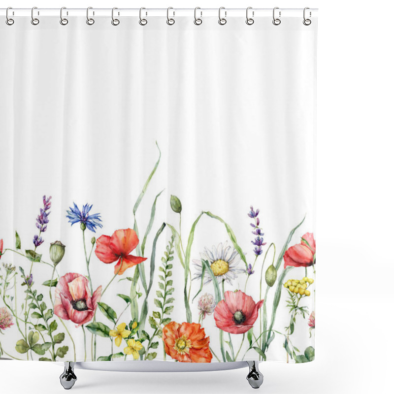 Personality  Watercolor Meadow Flowers Border Of Poppy, Chamomile, Buttercup, Campanula And Sage. Hand Painted Floral Card Of Wildflowers Isolated On White Background. Illustration For Design, Print, Background Shower Curtains