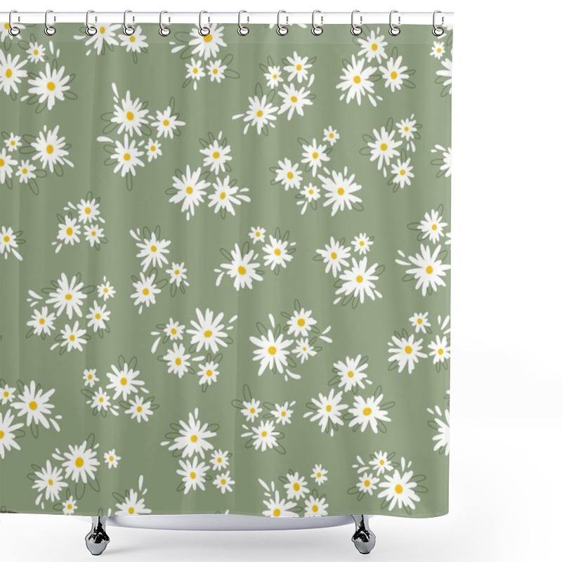 Personality  Chamomile Floral Mille Fleur Seamless Pattern On Green Background. Small Summer Flowers In Simple Scandinavian Cartoon Doodle Style Perfect For Textile, Wallpaper, Fabric Shower Curtains