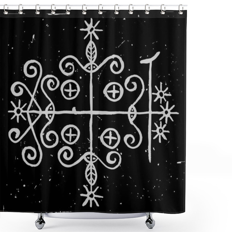 Personality  Symbol Of Papa Legba. One Of The Main Spirits In The Voodoo Religion. Mediator Between People And The Spirit World. Vector Illustration In Watercolor Style With Splashes On A Black Background. Shower Curtains