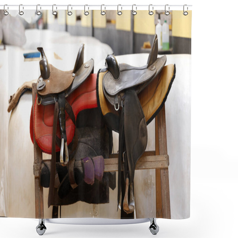 Personality  Saddle Horse In Fence Shower Curtains