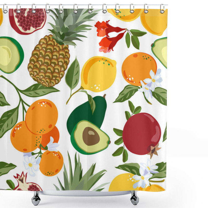 Personality  Mandarin Pineapple Pomegranate Avocado Lemons Floral Pattern, Vector Seamless Fruit Background, Citrus Fruits, Flowers, Leaves, Branches Texture. Tropical Design For Print, Textile, Background, Paper Shower Curtains