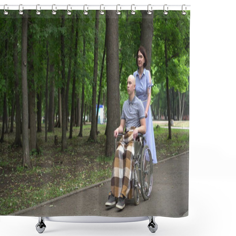 Personality  A Woman Is Driving A Young Man With Oncology In A Wheelchair Through The Park. The Man Is Bald Due To Chemotherapy. Shower Curtains