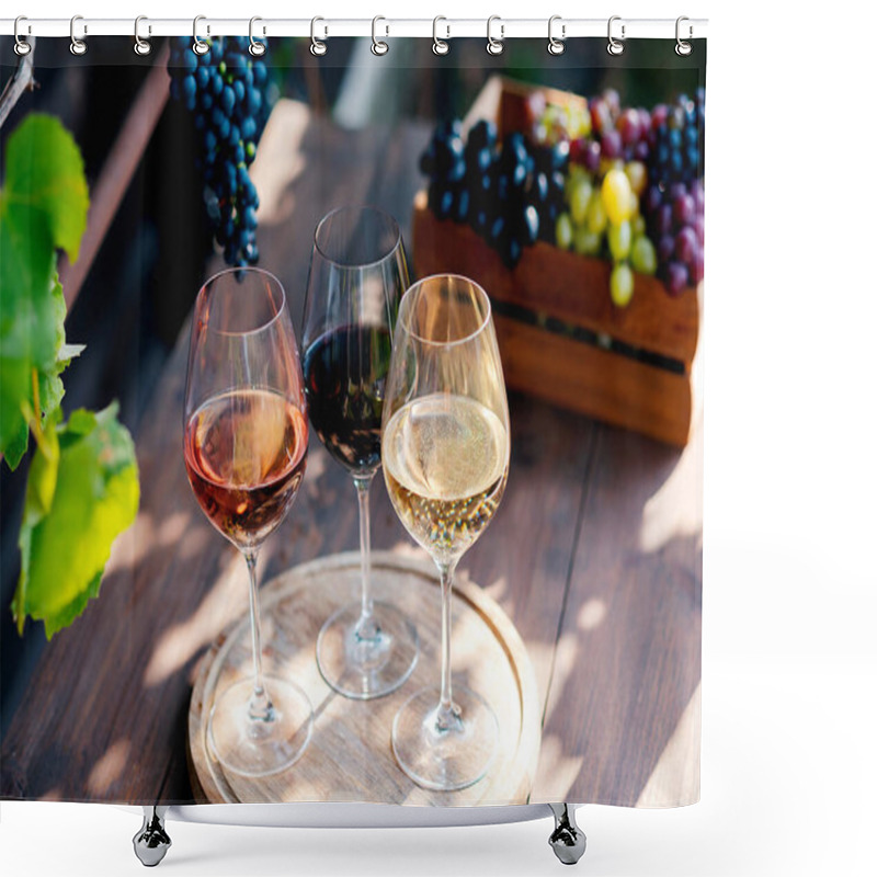 Personality  Wine In Glasses With Bunch Of Grape On Wooden Table Shower Curtains