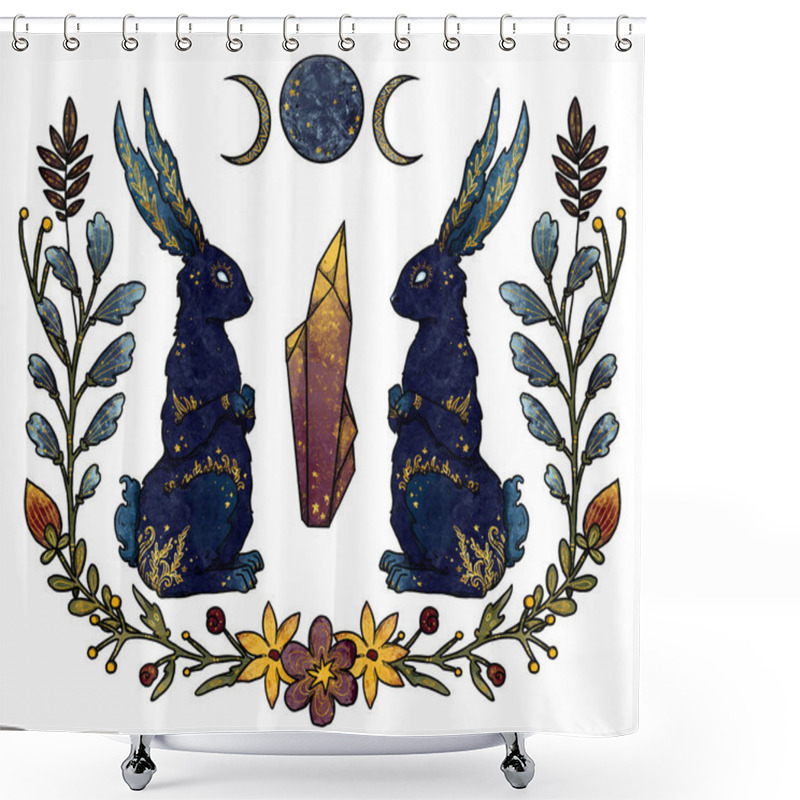 Personality  Mysterious Rabbits Composition. Moon And Crystal. Blue And Gold Bunny. Decorative Silhouette. Boho And Vintage Collection. Wiccan And Pagan Art. Decorative Nature. Isolated On White Shower Curtains