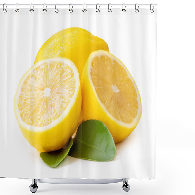 Personality  Single Whole Fresh Beautiful Yellow Lemons With Two Halves And Leaves Is Isolated On White Background With Clipping Path. Shower Curtains