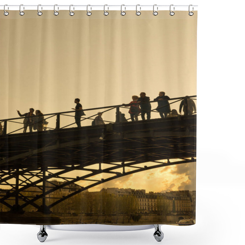 Personality  Tourists Enjoy The Warmth Of Spring, On A Bridge Of The Seine River In Paris. Shower Curtains